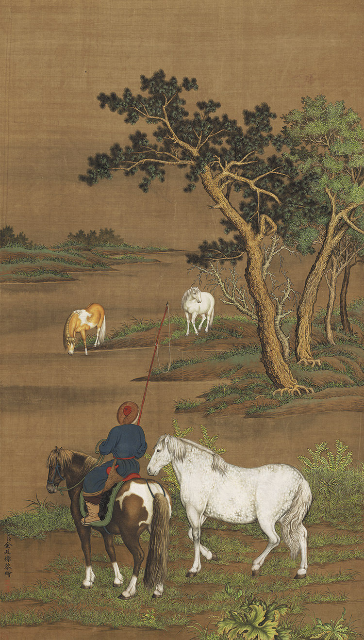 金廷标牧马图绢本立轴人物马国画真迹复制画仿古画工笔临摹画稿