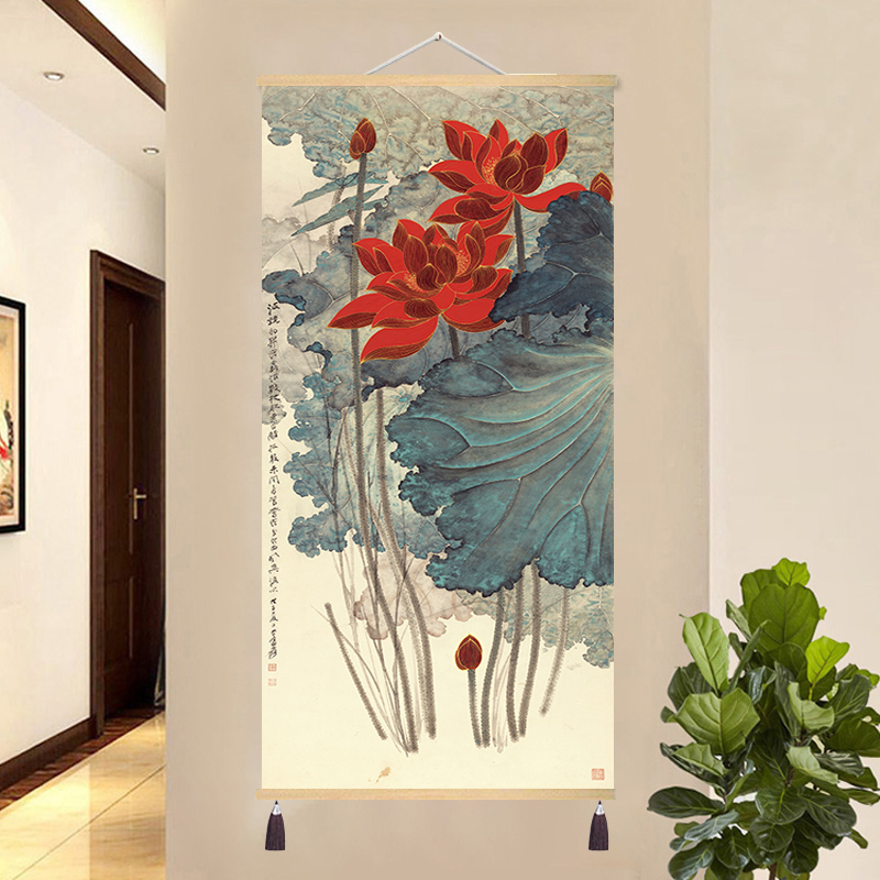 中式张大千仿古画金线五色荷花图装饰画挂画壁画布艺客厅书房挂布图片