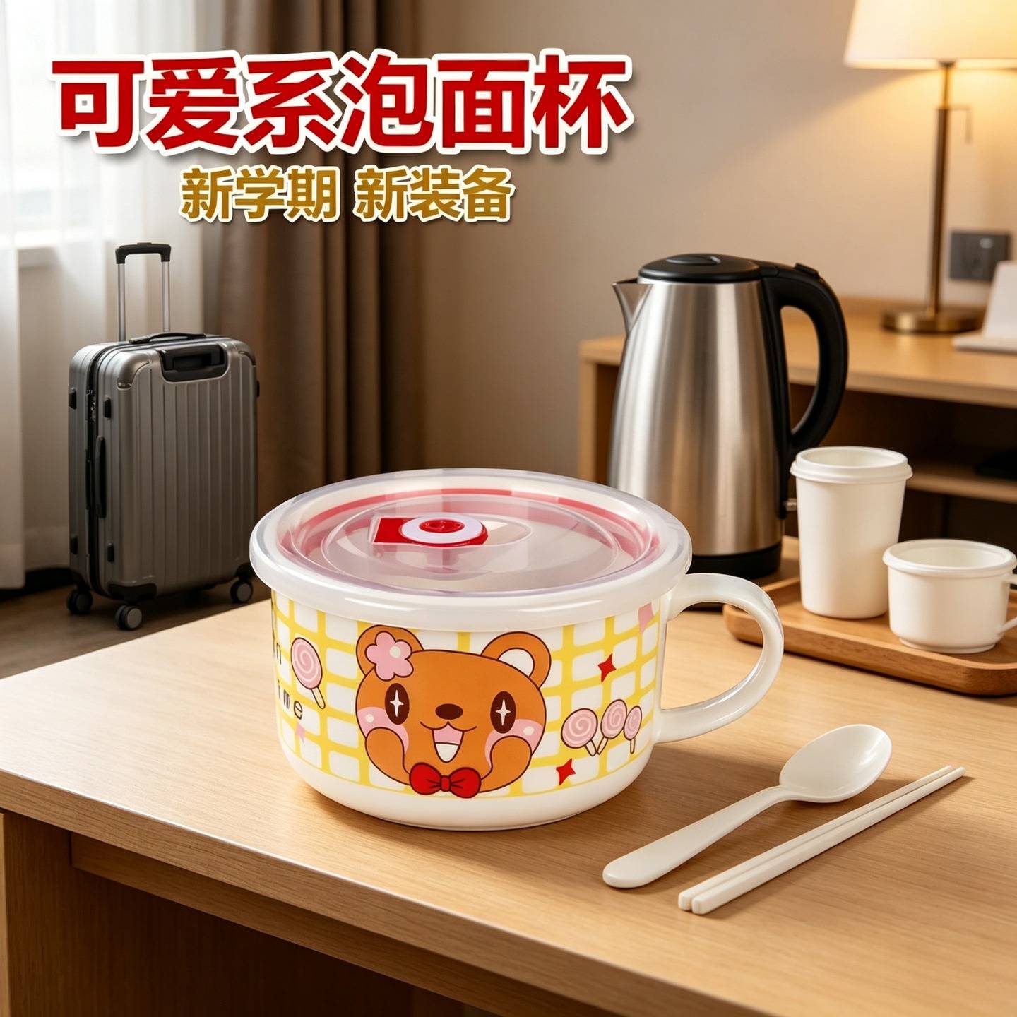 家用可微波陶瓷带盖密封保鲜碗 学生带手柄早餐杯便当盒 泡面杯图片