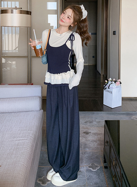 【森系复古】假两件花边上衣+休闲阔腿裤套装1C128-A126-P160K235