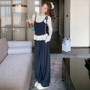 休闲阔腿裤 假两件花边上衣 套装 1C128 P160K235 A126 森系复古