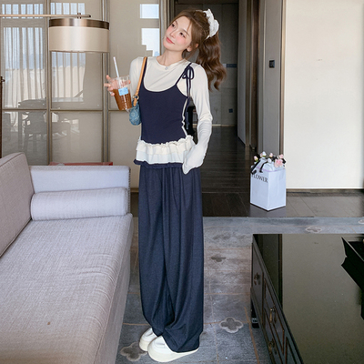 【森系复古】假两件花边上衣+休闲阔腿裤套装1C128-A126-P160K235