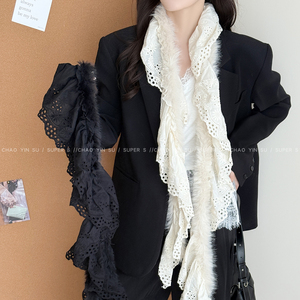 法式米色花边镂空毛毛长条围巾