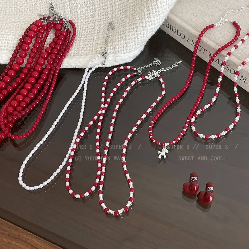 红豆珍珠串珠项链叠戴串珠锁骨链