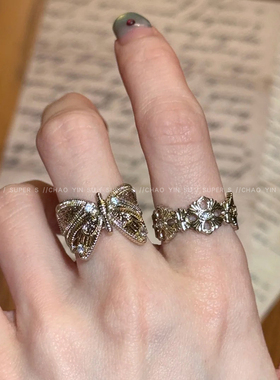 雅典娜~vintage中古鸢尾花蝴蝶戒指女咖金开口叠戴食指戒高级指环