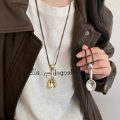 明星同款 银色勺子吊坠项链女韩系秋冬长款 设计t恤配饰黑绳毛衣链