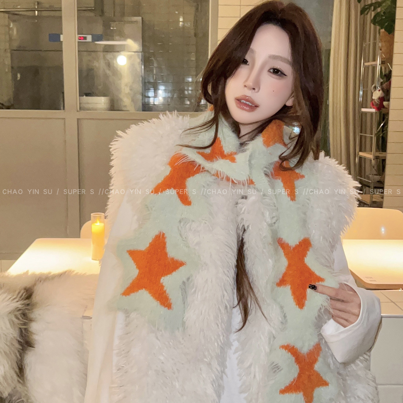 韩系可爱五角星星毛绒围巾女冬天软糯百搭围脖拍照出片氛围感配饰