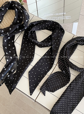 韩系ins风黑色波点长条丝巾女小众高级感新款秋冬围巾发带配饰品