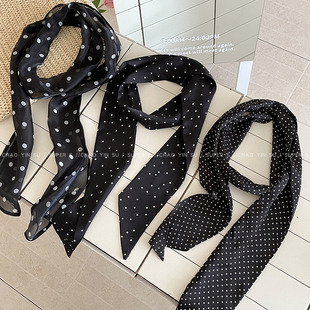 韩系ins风黑色波点长条丝巾女小众高级感新款秋冬围巾发带配饰品