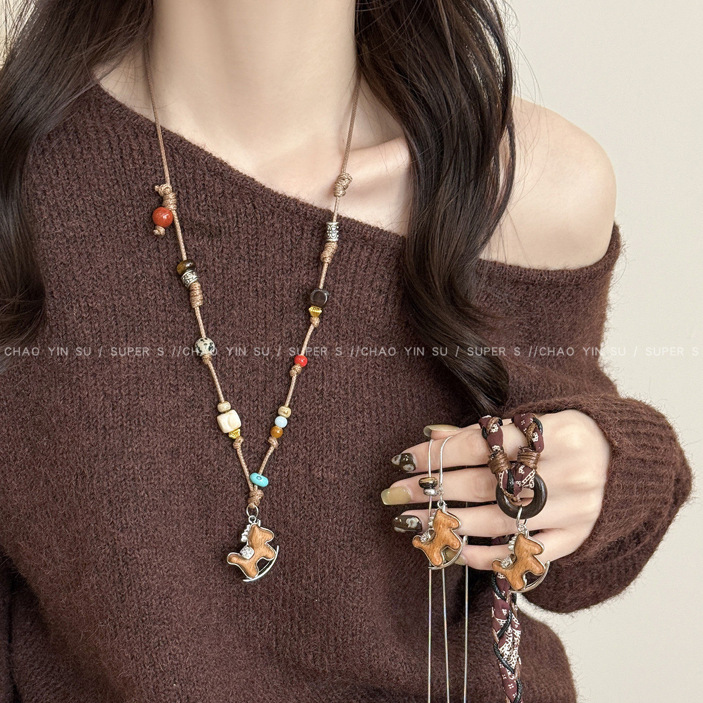 木质小马吊坠串珠项链女秋冬轻奢高级感长款毛衣链新款本命年配饰,饰品/流行首饰/时尚饰品新,项链,淘宝优惠券,粉丝福利购,淘宝优惠卷