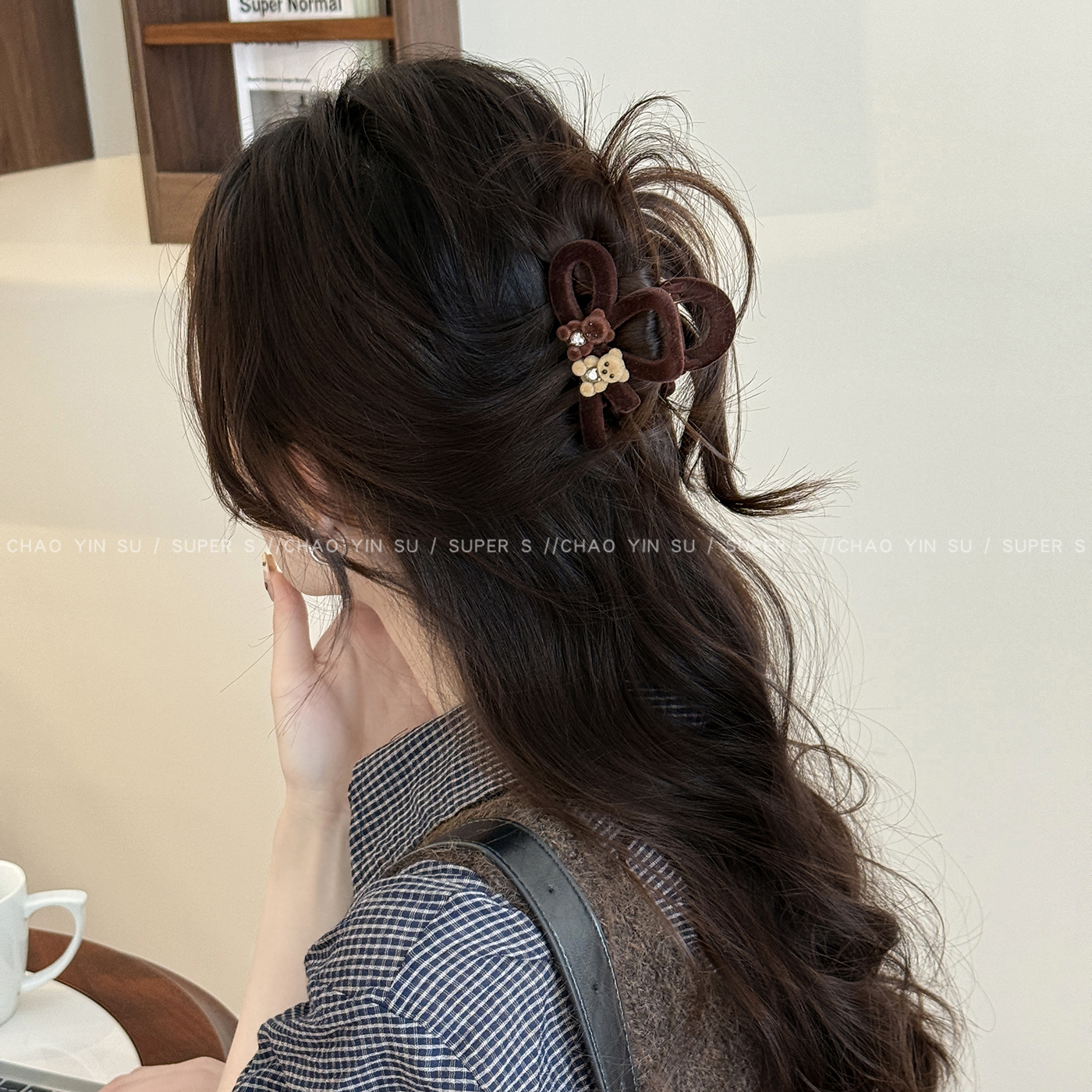 可爱丝绒立体小熊领结抓夹女秋冬半扎发小号鲨鱼夹发卡后脑勺发夹