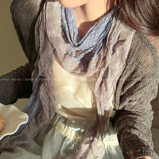 藤井同款 系脖丝带小众设计气质配饰 灰蓝色波点蕾丝丝巾女韩系薄款