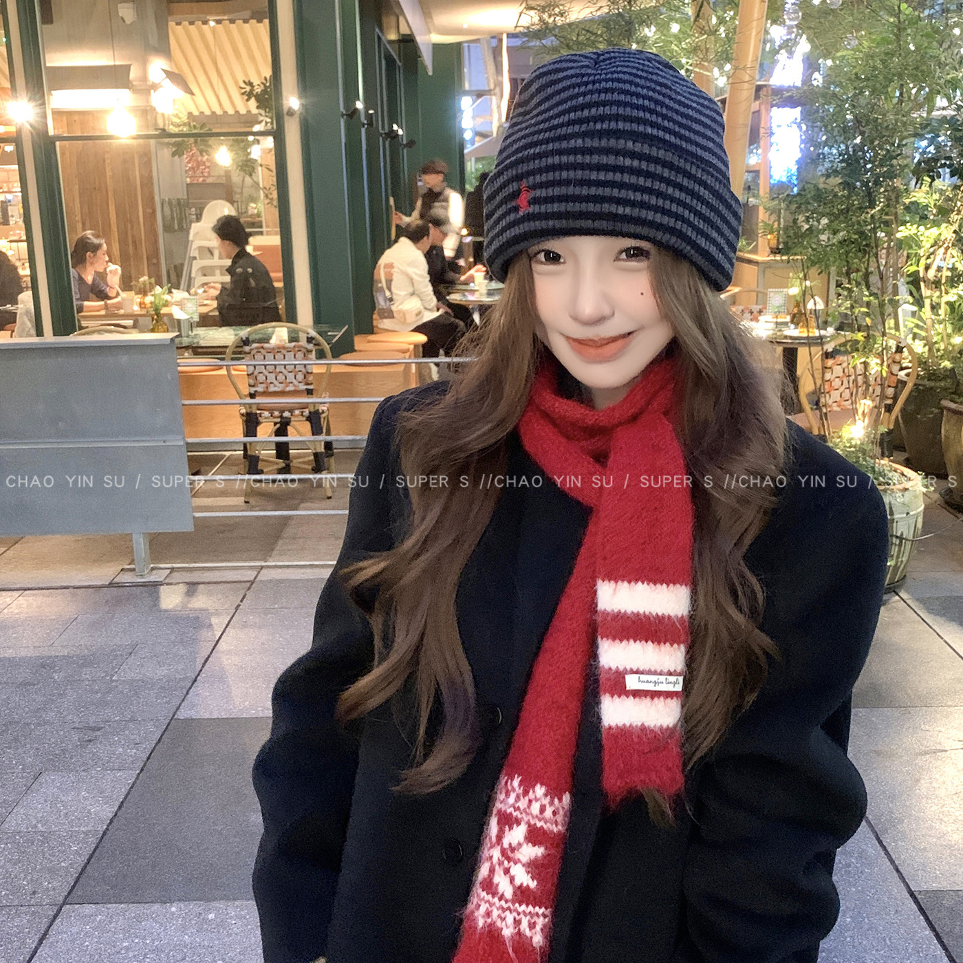 红色羊毛小苹果细窄长条围巾