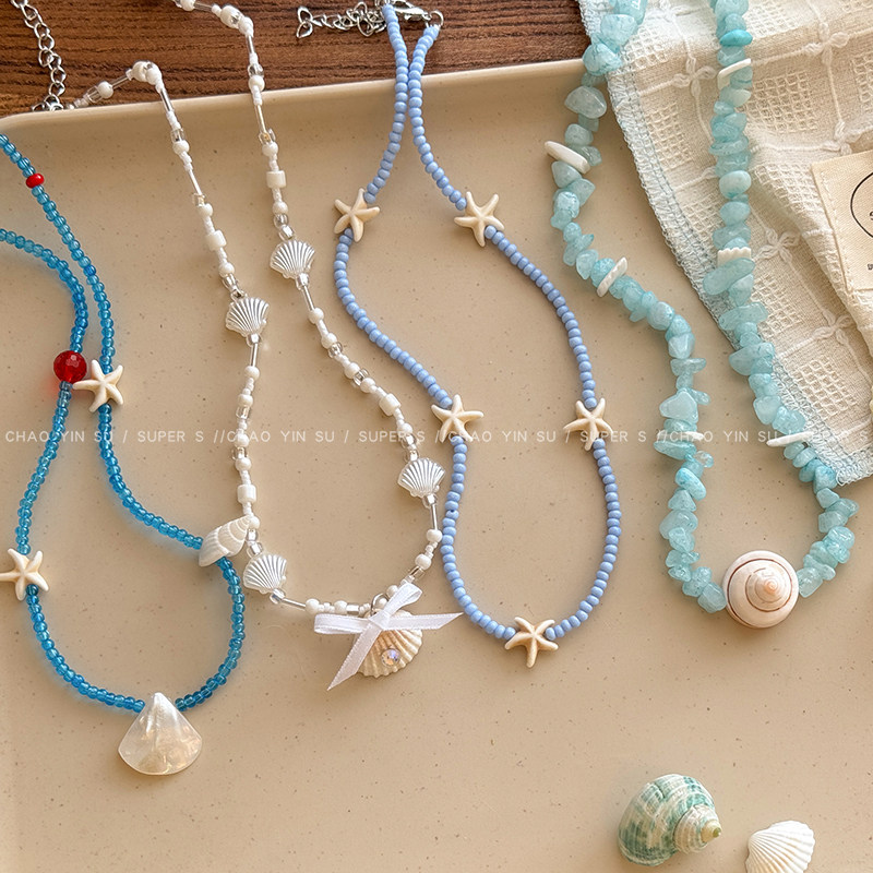治愈系蓝~贝壳海星蓝色串珠项链女海边度假风锁骨链绝美装饰配饰