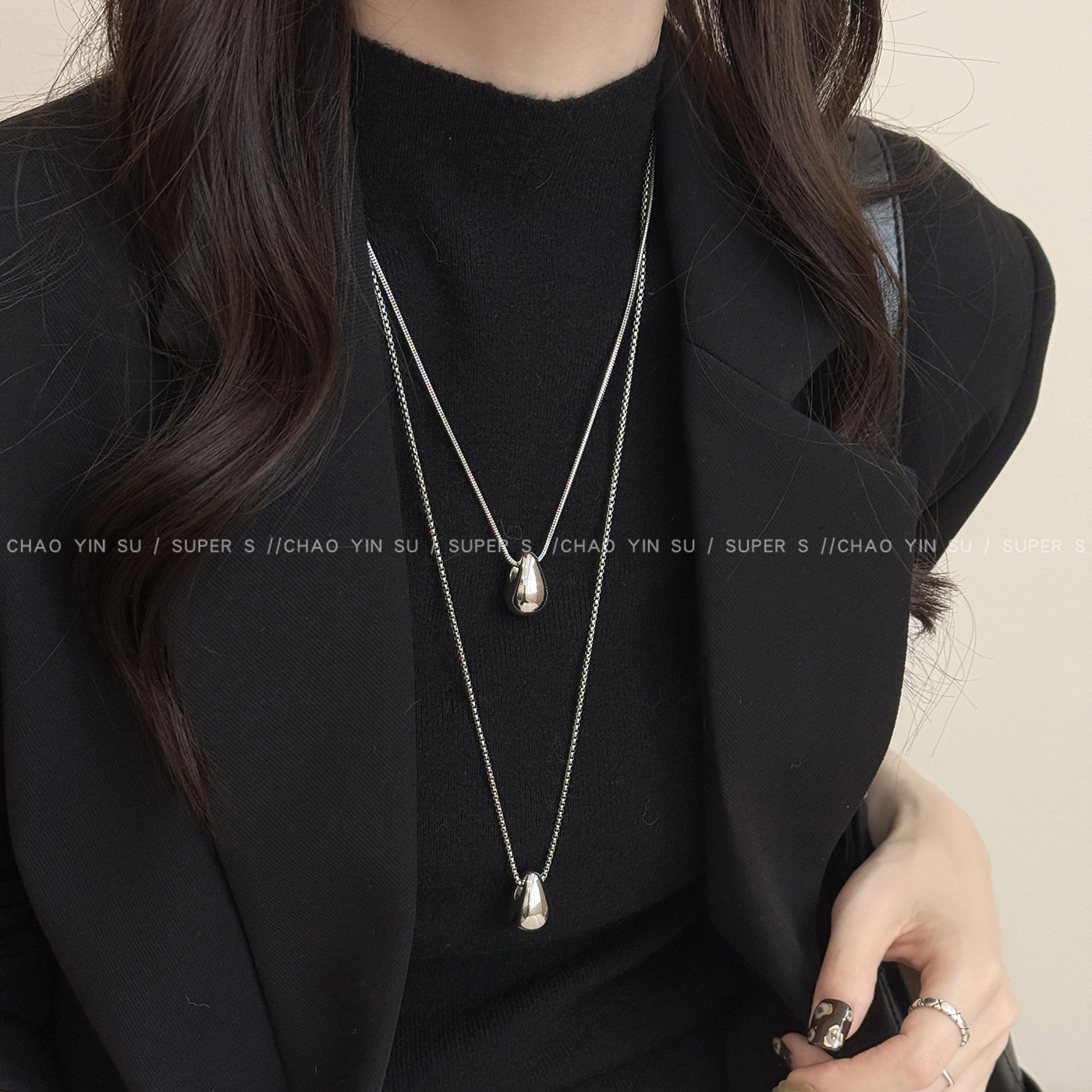 简约银色水滴钛钢长款挂脖项链