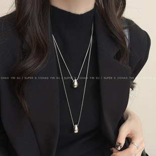 简约银色水滴钛钢长款挂脖项链女高级感秋冬毛衣链2026新款配饰品
