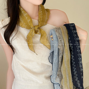 文艺复古100%亚麻碎花丝巾女高品质系脖围巾配饰叠穿屁帘三角巾