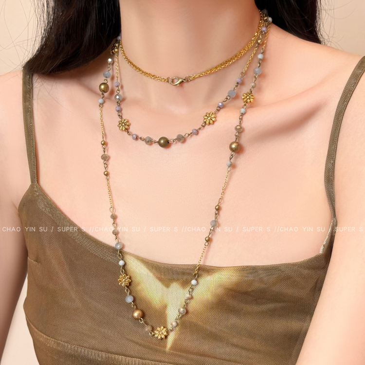 复古双层叠戴雏菊花朵项链