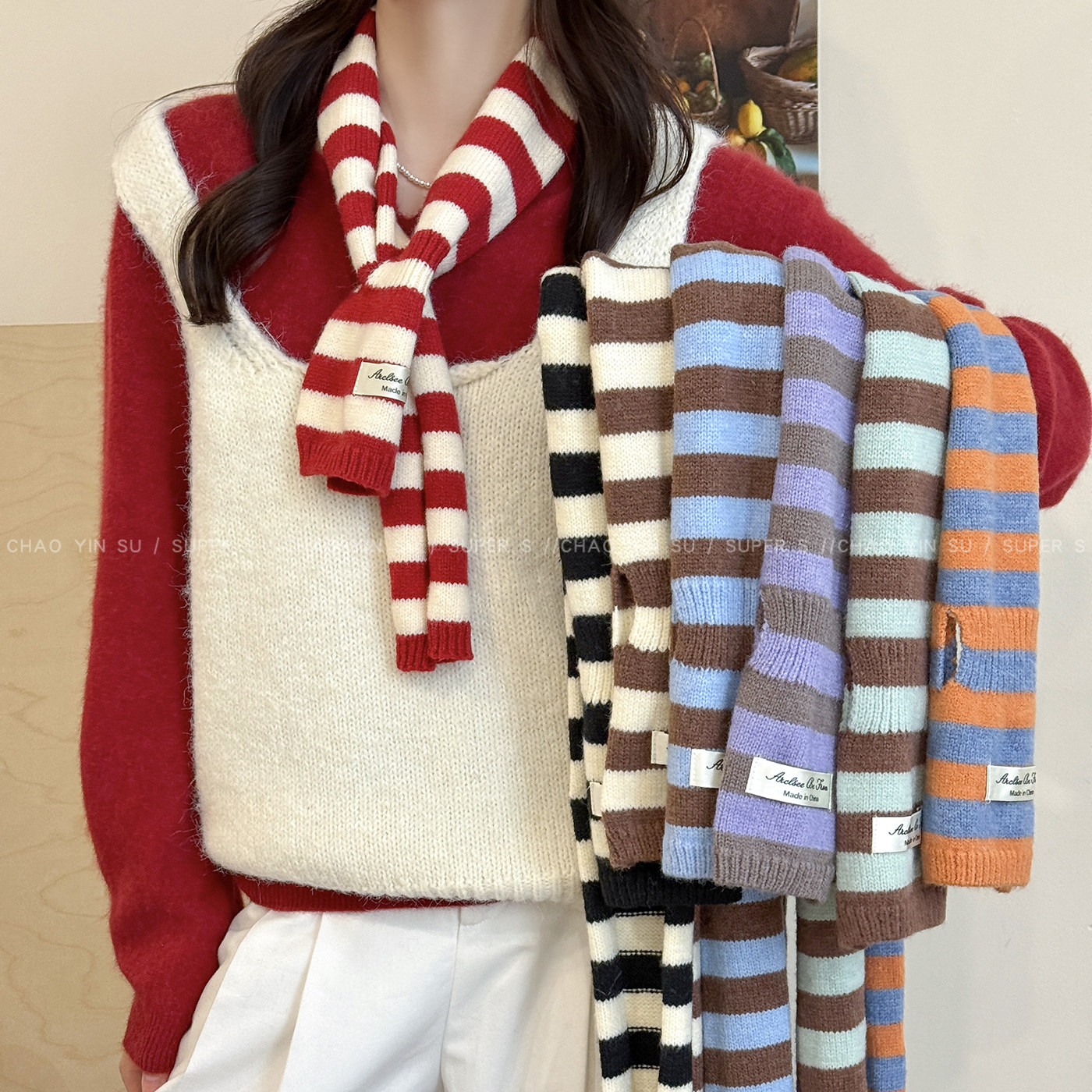 撞色羊毛混纺条纹穿孔细窄围巾女2025新款秋冬保暖围脖百搭配饰品