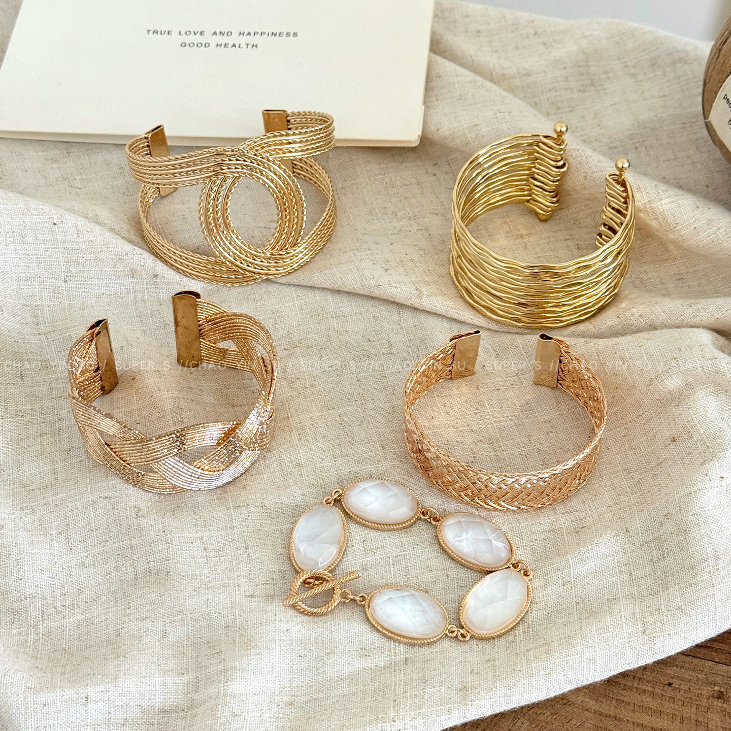 中古vintage~金色编织多层开口手镯女轻奢高级感手环夏季叠戴手饰 - 实物图