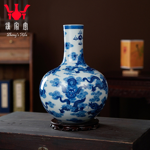 景德镇柴窑青花瓷手工手绘九龙纹天球瓶客厅装饰摆件钟家窑花瓶
