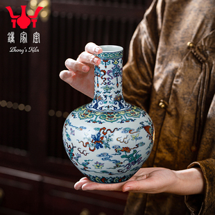 手绘新中式柴窑青花斗彩天球瓶新中式客厅装饰景德镇陶瓷花瓶摆件