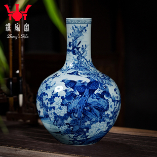 景德镇陶瓷花瓶柴窑青花瓷仿古天球瓶客厅玄关书房办公室装饰摆件
