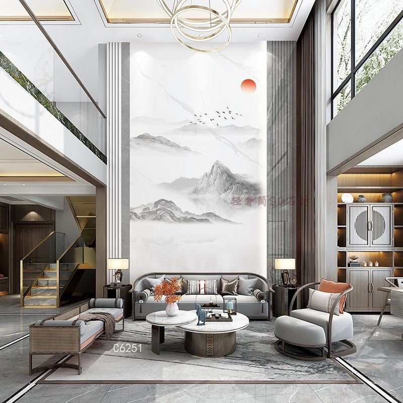 别墅复式楼挑空客厅电视背景墙楼中楼玄关岩板瓷砖仿大理石大气风