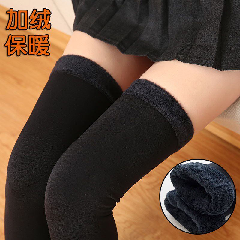 여성용 가을 겨울용 무릎 위 양말 도톰한 벨벳 따뜻한 무릎 패드와 레깅스 블랙 종아리 양말 스타킹 하이레그 스타킹