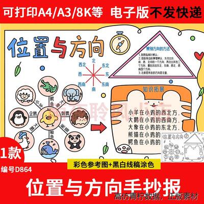 位置与方向手抄报模板电子版小学生三年级数学小报认识方向线稿