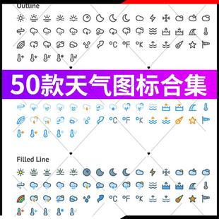 晴多云小雨大雨雷阵雨雪温度湿度线性填充天气图标矢量AI设计素材