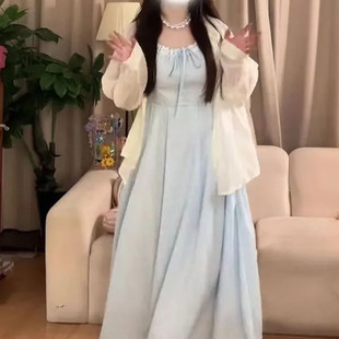 微胖大码 套装 女夏抽褶蕾丝吊带裙气质遮肉显瘦长裙搭薄款 防晒衬衫