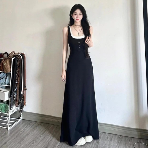 赫本风黑色假两件吊带连衣裙子女