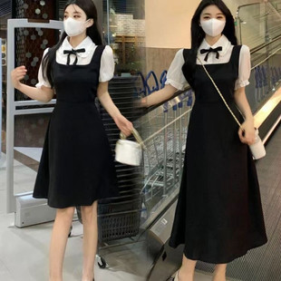 大码假两件娃娃领连衣裙女2026夏季新款学院风胖mm遮肚显瘦中长裙