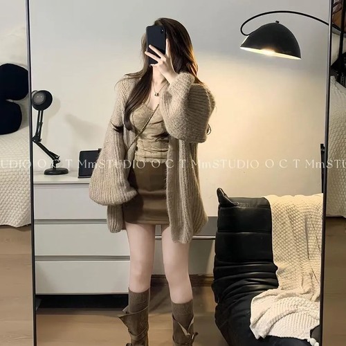 针织毛衣外套蕾丝吊带背心半身裙