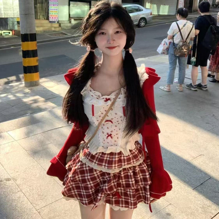 夏季纯欲甜妹蕾丝套装少女开衫蝴蝶结吊带上衣格子短裙背心三件套,女装/女士精品,时尚套装,淘宝优惠券,粉丝福利购,淘宝优惠卷