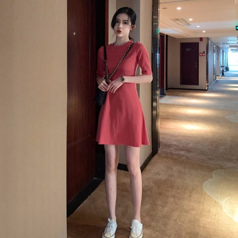 2025夏季新款中长款短袖连衣裙女法式温柔风简约纯色收腰短裙女,女装/女士精品,连衣裙,淘宝优惠券,粉丝福利购,淘宝优惠卷