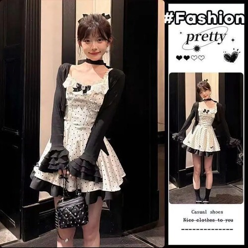 甜美少女千金风蝴蝶结波点连衣裙