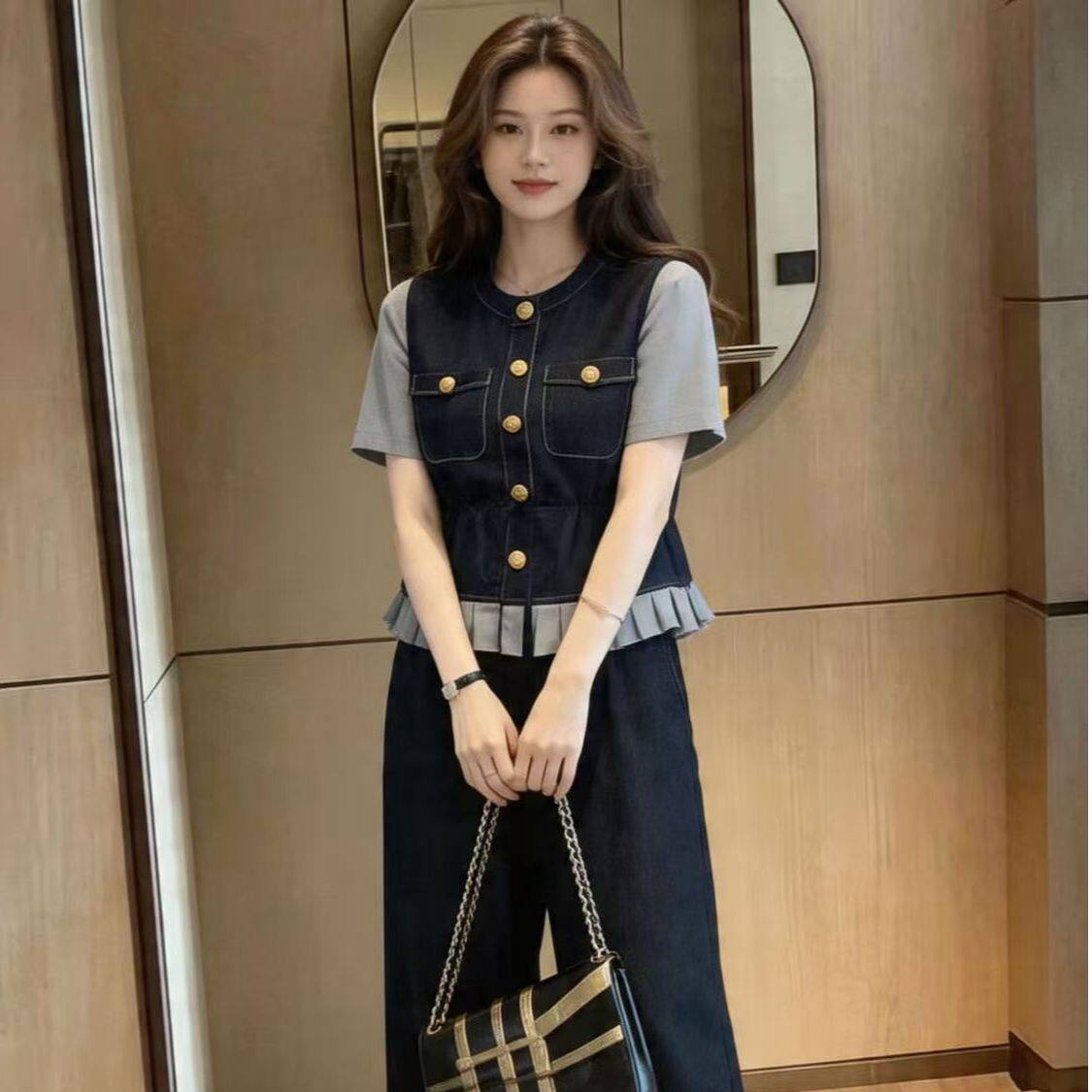 时尚气质套装女夏季新款微胖mm气质显瘦拼接短袖上衣休闲裤两件套