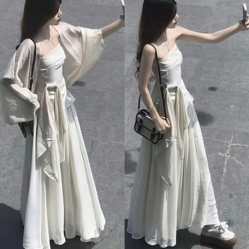 杏色无袖抹胸上衣+半身裙+开衫
