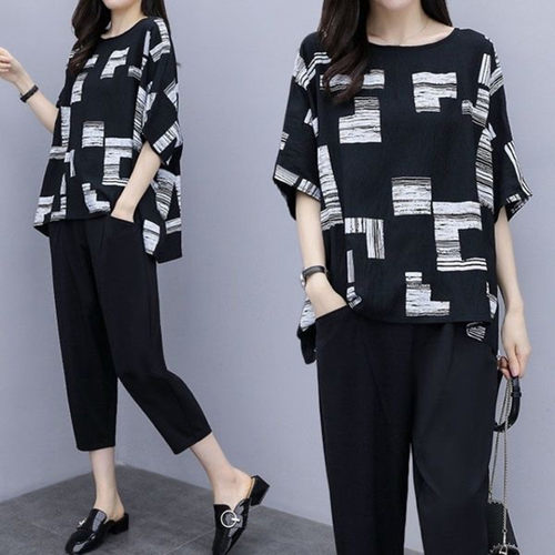 2025夏季胖妹妹印花套装宽松遮肚