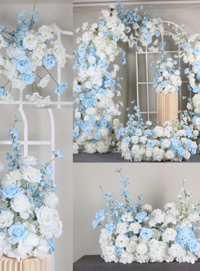 婚庆拱门蓝色牛角门仿真花地排花排求婚布置婚礼背景装饰路引花艺