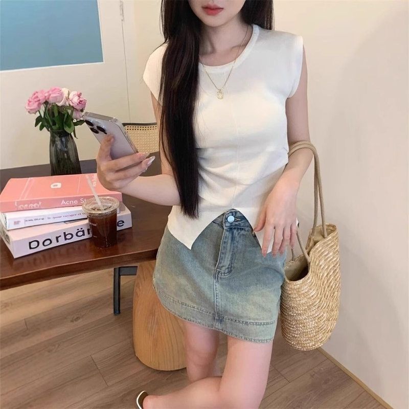 夏季薄款圆领冰丝短袖针织衫女春秋2025新款气质修身内搭坎肩上衣