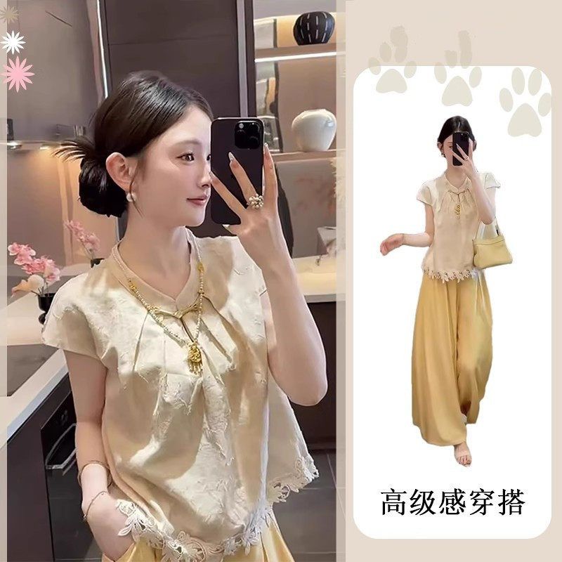 新中式女装禅意套装夏季2025新款大码国风蕾丝上衣阔腿裤子两件套