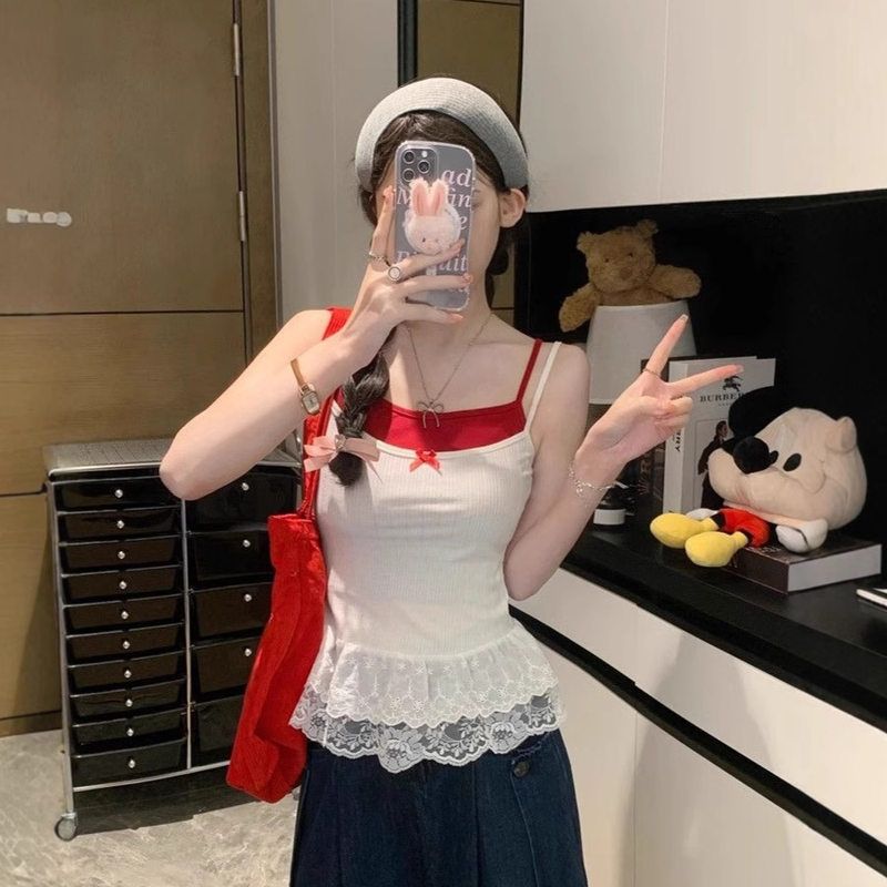 白色假两件吊带小背心女夏季蝴蝶结蕾丝花边内搭短款辣妹外穿上衣