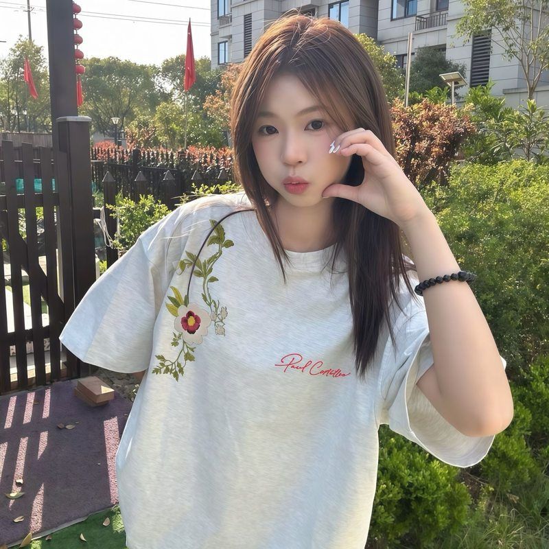 学院风国潮花卉刺绣短袖上衣女夏2025新款设计感小众chic半袖上衣