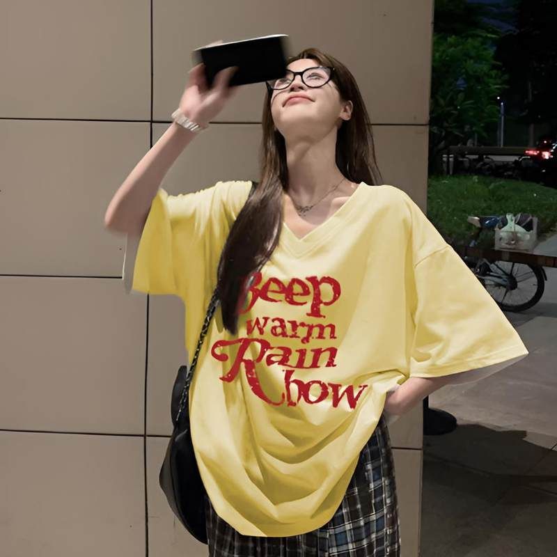 慵懒风宽松V领短袖T恤女夏季印花2025新款百搭遮肉显瘦潮流上衣