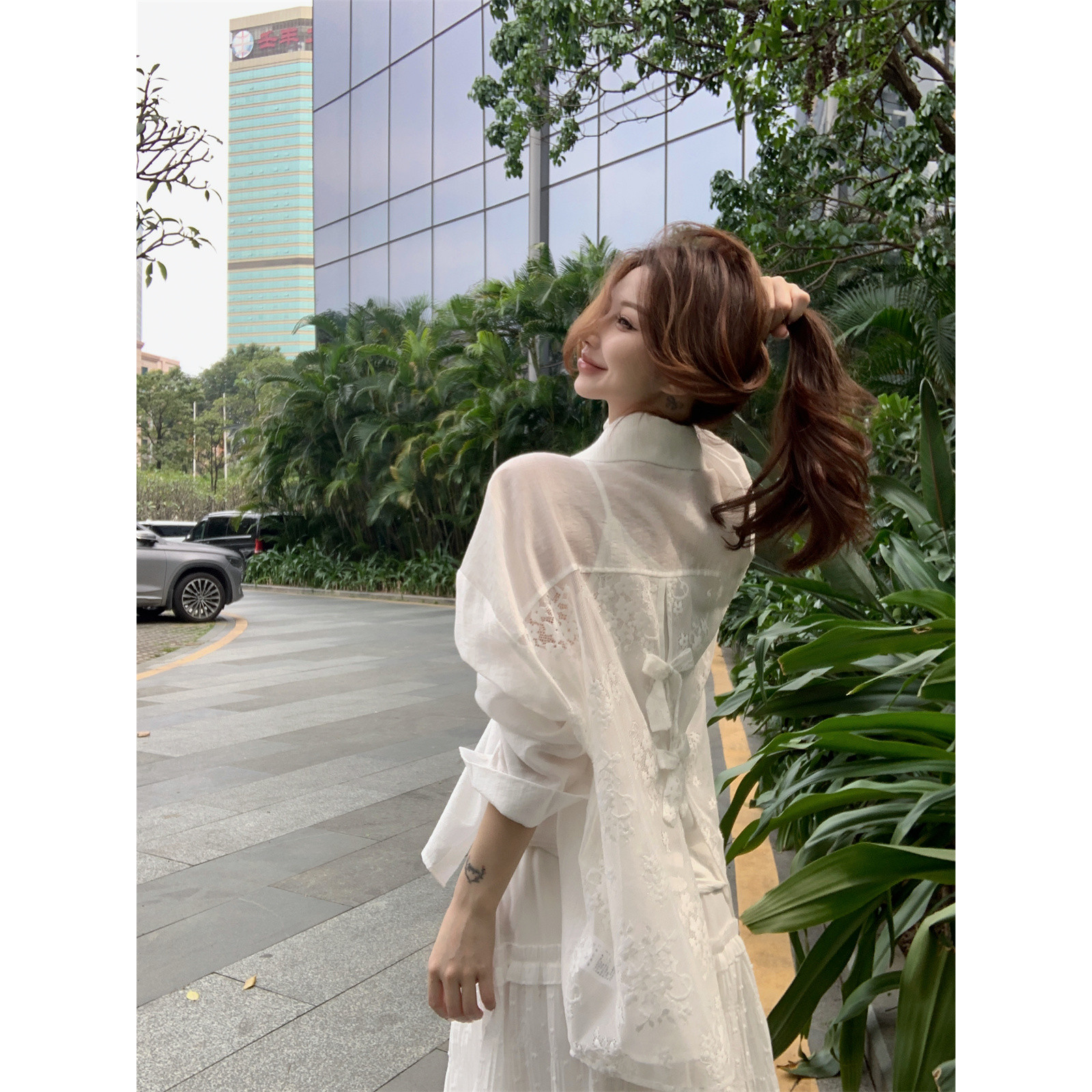 实拍衬衫设计感防晒蕾丝长袖衬衣a字长裙包臀法式蛋糕裙低腰裙子