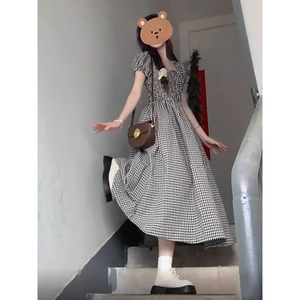 优质蕾丝质量法式黑色泡泡袖格子连衣裙子女夏季短裙气质显瘦长裙