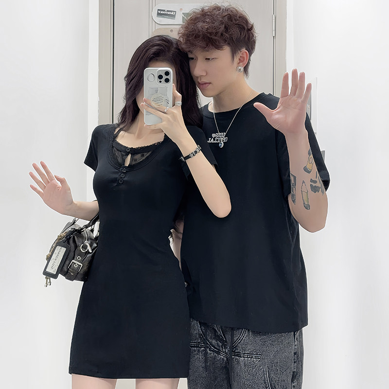 实拍蕾丝新款气质设计感甜美辣妹包臀连衣裙夏季短裙裙子情侣装QY